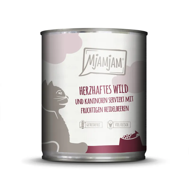 Markenware Sparpaket 6 x 800 g Mjamjam Herzhaftes Wild und Kaninchen mit fruchtigen Heidelbeeren Katzen Nassfutter